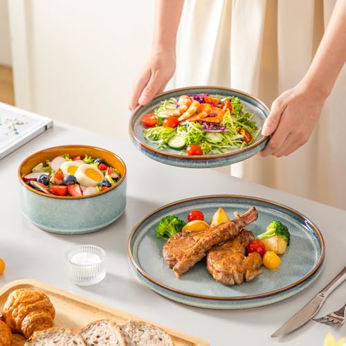 Image of vancasso ONION Ceramic Plates and Bowls Sets, 24 Pieces Light Blue Dinnerware Sets for Kitchen, Reactive Glaze Dishes Set for 8, Dishwasher and Microwave Safe