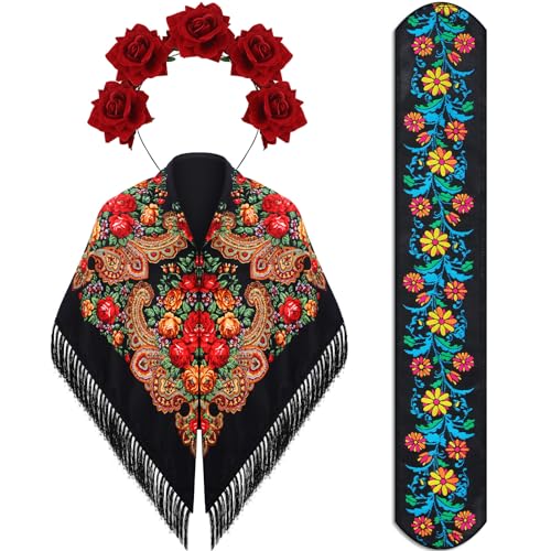 Zoooyawn 3 Pcs Traditional Tassel Exotic Wrap Printed Scarf Embroidered Mexican Belt Adjustable Mexican Rose Flower Floral Crown Day of the Dead for Women Boho Floral Traditional Fiesta Party Sash