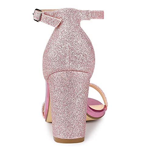 Allegra K Women's Glitter Ankle Strap Chunky Heels Pink Sandals 7 M US3