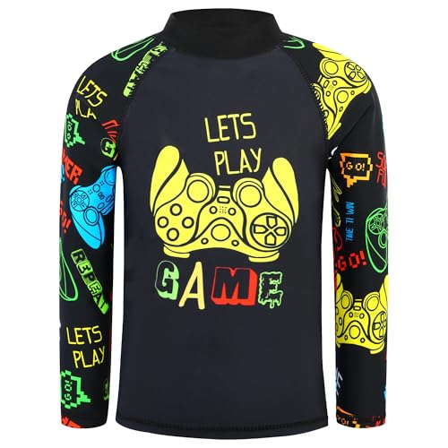 Image of TFJH E Boys Long Sleeve Rash Guard 2 Piece Swim Set UPF 50+ Age 3-14 | Soft Breathable, UV 50+, quick dry. Bright colorful prints kids love. Perfect for pool, beach, summer. active play.