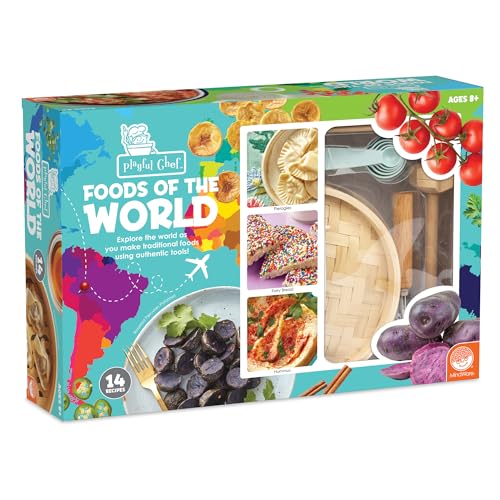 MindWare Playful Chef Foods of The World Cooking Kit for Kids, Global Cooking Set with Authentic Tools and 14 Recipes for Ages 8+