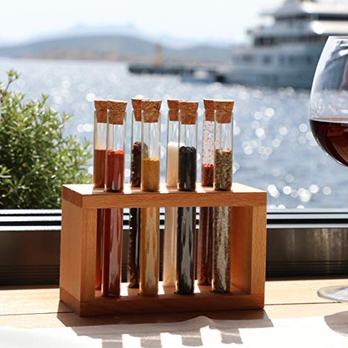 Spice Rack with Glass Spice Test Tubes Set Chemistry, Labs Glass tube with Natural Cork Stopper, Kitchen Countertop Tabletop Wooden Holder, Herb Seasoning Container Organizer (8Tubes) - Thumbnail 6