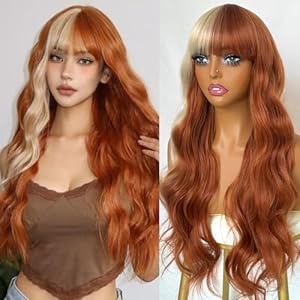 QD-Tizer Blonde and Copper Split Synthetic Hair Wig with Bangs Two Tone Hair Color Copper hair blonde highlights Long Wavy Curly Synthetic Hair Wigs for Women Cosplay Party Wig Halloween Wigs