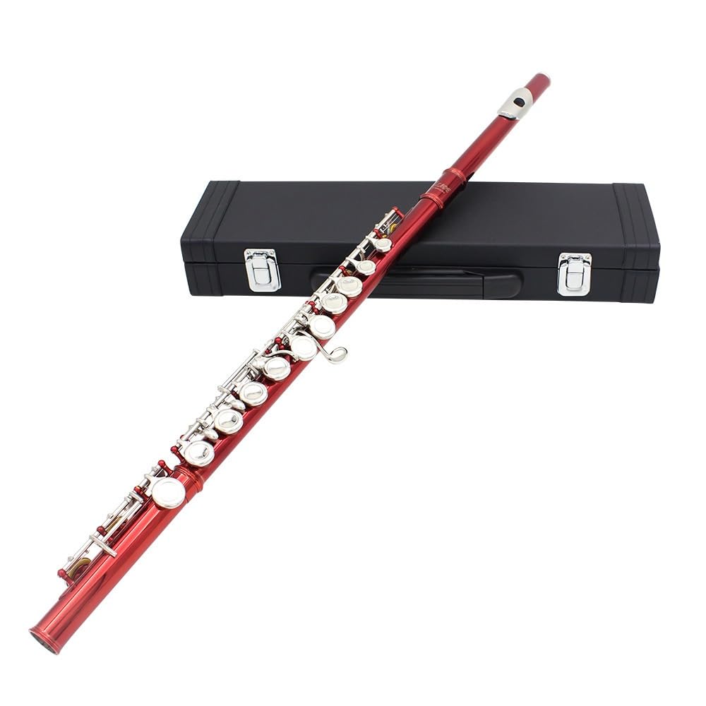 Flauta roja de 16 orificios, tecla C, cuerpo de tubo de cobre blanco, orificio de sonido técnico de dibujo en frío, multicolor opcional, adecuado for principiantes, caja de almacenamiento de cuero y j