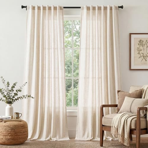 Image of jinchan Linen Curtains Light Filtering Back Tab 50x108 Inch 2 Panels Beige