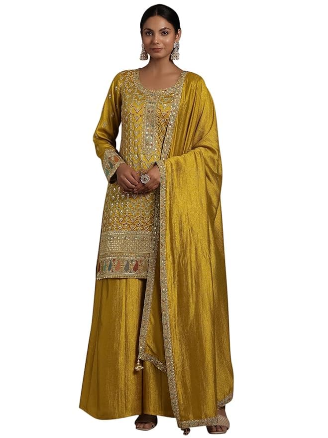 Image of Libas Womens Embroidered Silk Blend Straight Kurta with Palazzos and Dupatta | ethnic wear | bridal suit | wedding dress | occasion wear