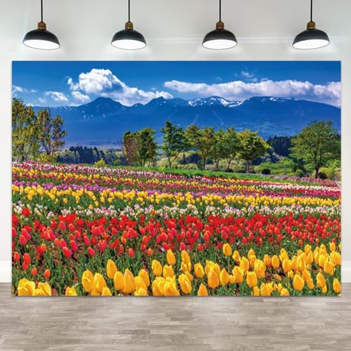 ASDCXZ 7x5ft Spring Backdrop Flower Field Green Tree Photography Background Blue Sky White Cloud Mountain Nature Scenery Bridal Shower Wedding Banner Decorations Birthday Portrait Photo Booth Prop