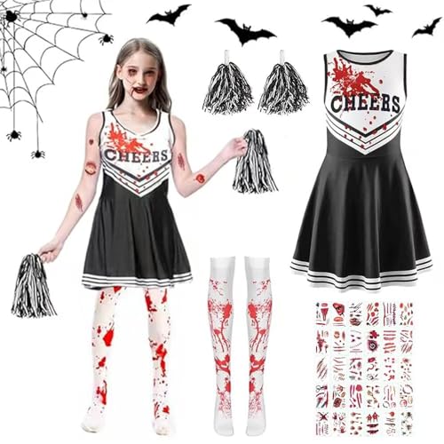 HEYIDAMAI Cheerleader Halloween Kostüm Kids Kostüme Mädchen Cheerleader Zombie Kostüm Kinder Mädchen Mit Strümpfen Halloween Party Cosplay
