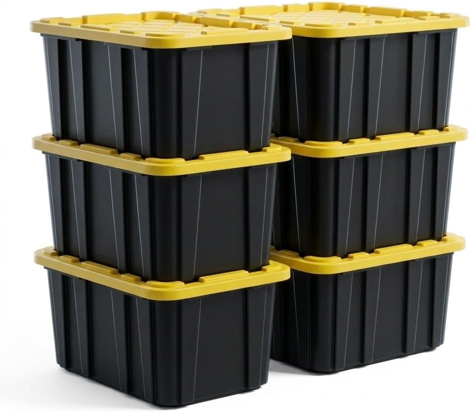 27-Gallon Industrial Tote, Plastic Storage Container Bins with Lids, Heavy-Duty Organizing Containers for Closet, Bathroom and Office (6, Black/Yellow)