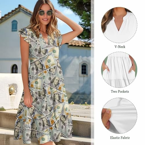 Image of Women's Casual Ruffle Sleeve Dress V Neck Pullover Dress Flowy A-Line Pleated Lightweight Dress with Pockets