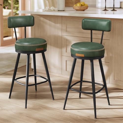 VASAGLE EKHO Collection - Bar Stools Set of 2, Swivel Counter Height Bar Stools with Back, Synthetic Leather with Stitching, Mid-Century Modern, 25.6-Inch Tall Barstools for Kitchen Bar, For