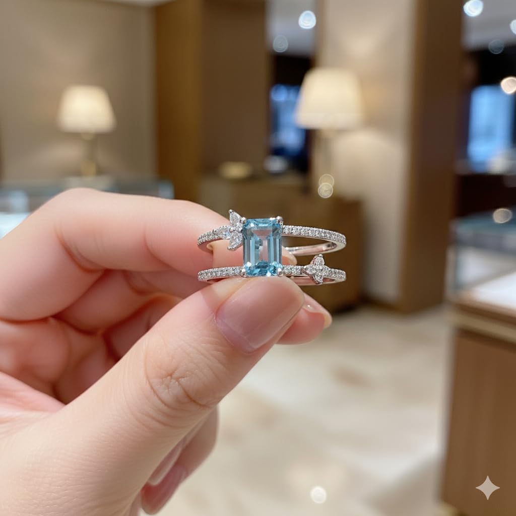 Handmade 925 Sterling Silver Double Strand Emerald Cut Blue Topaz Ring, Minimalist Wedding Engagement Band for Women