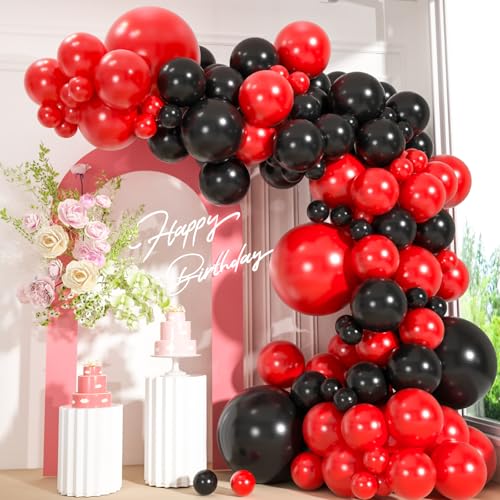 110pcs Red and Black Balloons Garland Arch Kit 18/12/10/5 Inch Black Red Latex Balloons for Casino Poker Night Graduation New Year Eve Wedding Party Decoration