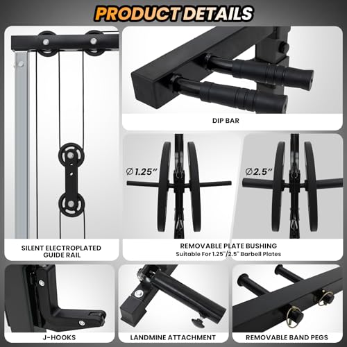 Power Cage with LAT Pulldown, Multi-Functional Power Rack with Cable Pulley System and J-Hooks, Squat Rack with Dip Bars and Landmine Attachment, Weight Cage for Home Gym Equipment
