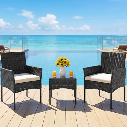 DUMOS 3-Piece Patio Furniture Set, All-Weather Outdoor Wicker Chairs with Removable Cushions & Tempered Glass Table, Small Bistro Set for Porch, Balcony, Lawn, Backyard, Black - Image 3