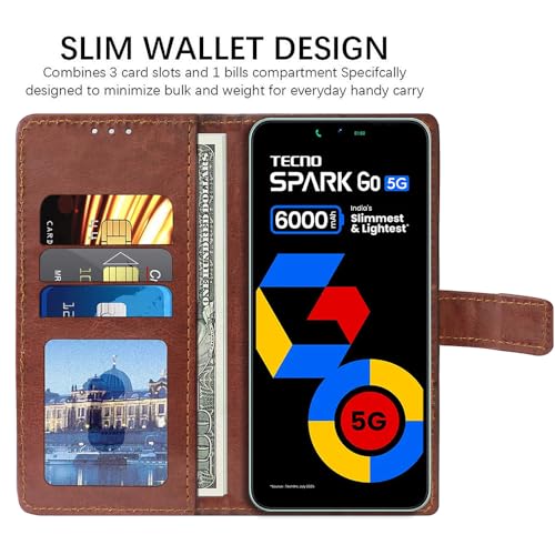 Image of Flip Cover Back Case for Tecno Spark Go 5G | Premium Leather Finish | Inbuilt Pockets & Stand | Flip Cover Back Case for Tecno Spark Go 5G (Brown)