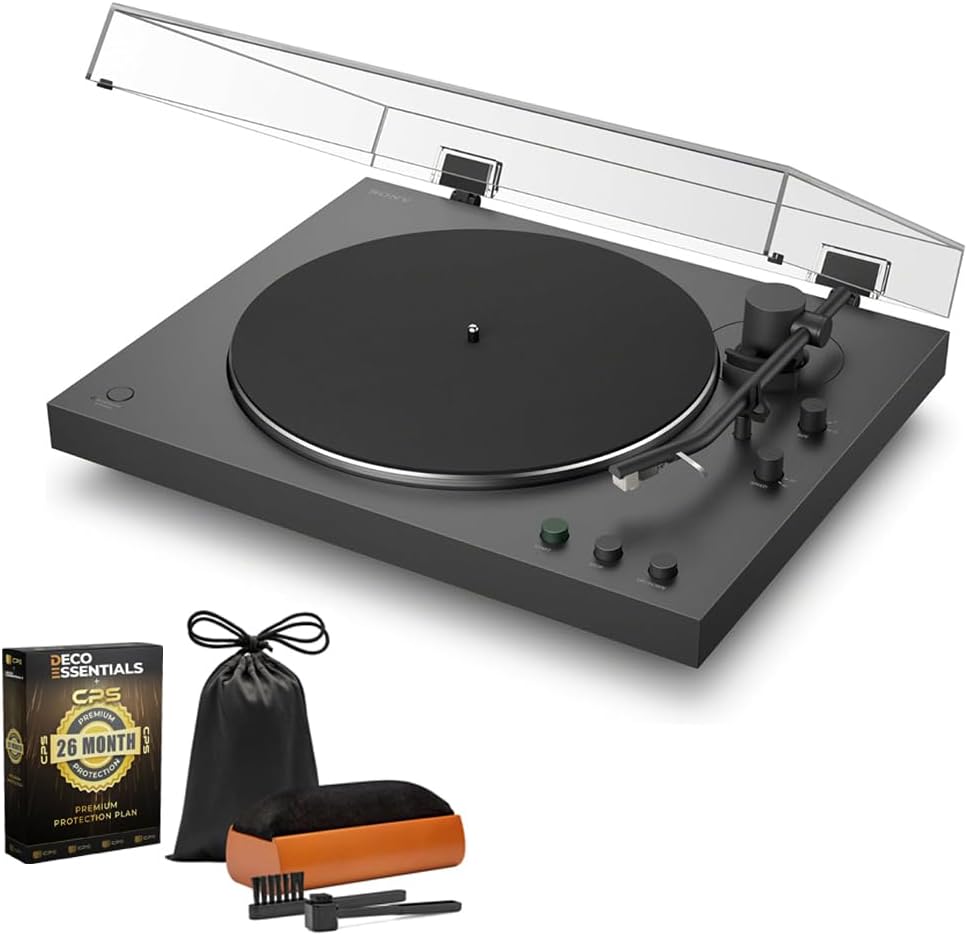Sony PSLX3BT Full Auto Playback Turntable with Bluetooth Connectivity Black Bundle with Deco Gear Vinyl Record Cleaning Kit and Deco Essentials 2YR CPS Enhanced Protection Pack