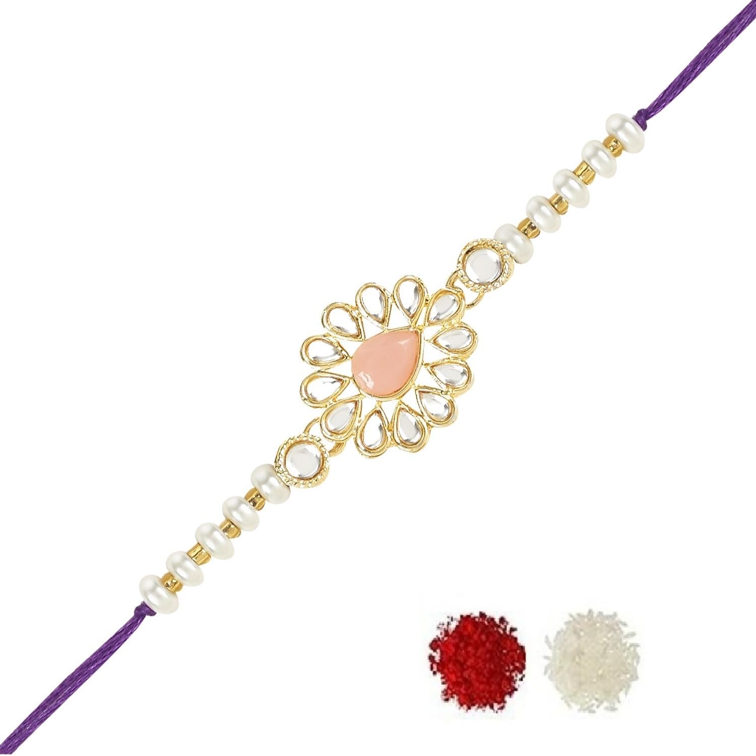 Rakshabandhan Designer Handcrafted Pearl & Kundan Bhaiya Rakhi With Roli Chawal for Brother/Bro/Men (R118)-image-36