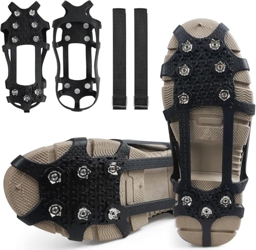 Ice Snow Cleats for Shoes and Boots Snow Traction Crampons Ice Gripper for Walking on Snow and Ice 9-Studs Non Slip Ice Cleats Rubber Overshoe Slip-on Stretch Footwear Winter Hiking Climbing Large