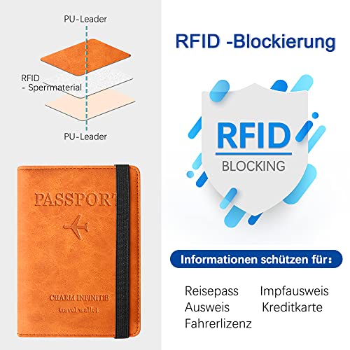 Czyan Reisepasshülle, Kunstleder Schutzhülle Reisepass mit RFID Blockier Schutzhülle Impfausweis Schutzhülle Tasche für Kreditkarten Ausweis und Reisedokumente(Orange)