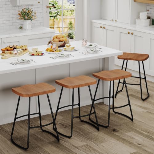 Image of Awonde Backless Metal Bar Stools Set of 4, Large Wood Seat Counter Stools