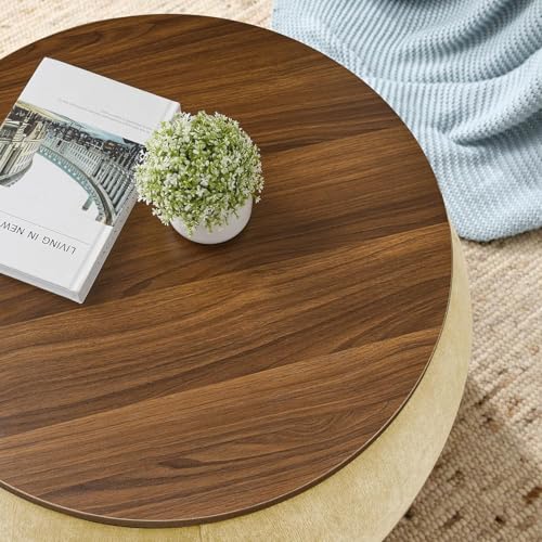 Image of Elegent Round Coffee Table with Wooden Top, Storage Ottoman Tables for Living Room, Centre Tables, Tea Tables, Farmhouse, Wood Drum Coffee Table, Upholstered Ottoman Accent Table (Yellow)