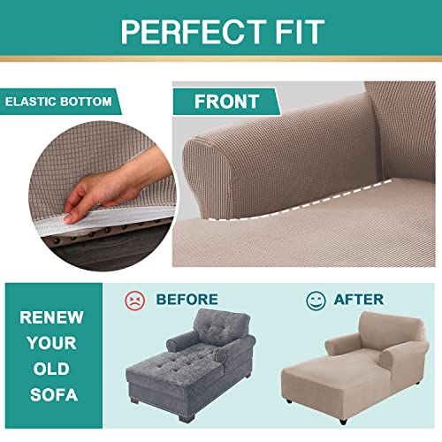 Chaise Cover, Stretch Chaise Lounge Covers, Chaise Chair Slipcover, Sofa Chaise Cover With Double Arm, Jacquard Fabric Small Checks Furniture Protector Couch Soft With Elastic Bottom（Khaki，M） #TOP3