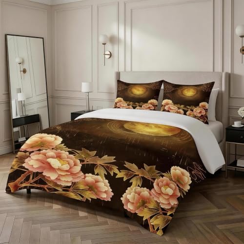 Housse de Couette 90x190 Parure de Lit Fleurs Pivoine Microfibre