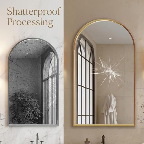 Image of 20 inchx30 inch Arched Gold Bathroom Mirror - Metal Framed with HD Shatter-Proof Glass, Wall-Mounted for Over Sink, Entryway, Living Room, Bedroom
