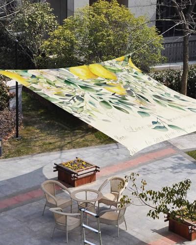 Waterproof Sun Shade Sail Watercolor Eucalyptus Leaves Lemon Sage Green Linen Pattern Outdoor Patio Sun Shades Canopy UV Block Water Resistant Sunshade for Garden Backyard Deck Pergola 8x10 Ft