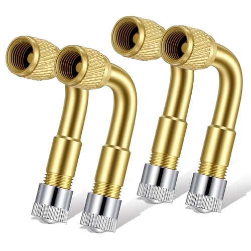 HaiFafafaing 4 Pcs Tire Valve Extender - 90 Degree Universal Brass Tire Valve Extension Adaptor for Passenger Cars, Bicycles, Motorcycles, RV, Trailers