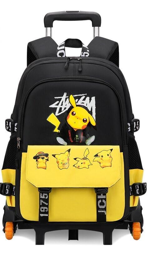 Generico Zaino Trolley per Bambini con 6 Ruote, Stile Pikachu, Zaino Scolastico Multifunzionale, Nero e Giallo