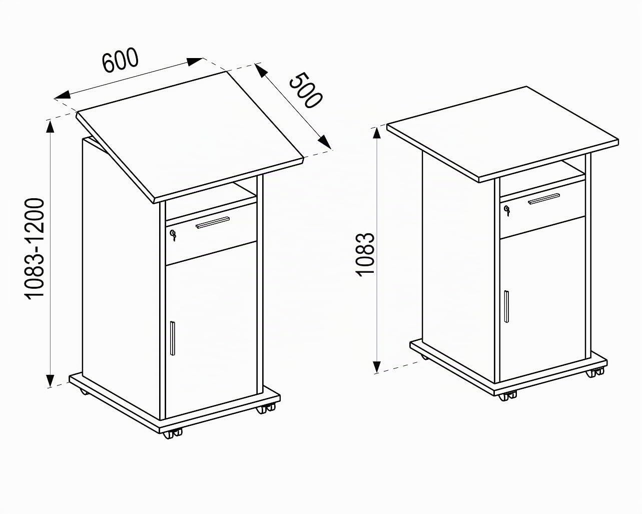 VCM Holz Standschreibtisch | ideal für Beamer oder Projektor mit Rollen und Tür | Maße: H. 108 x B. 60 x T. 50 cm | Pultfläche neigbar | Schublade abschließbar - Neta