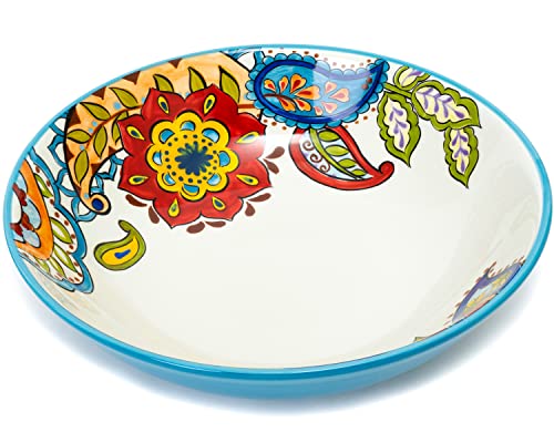Large 11.5" Microwave Dishwasher Safe Ceramic Large Serving Bowl Kitchen Pasta Bowl Fruit Bowl Salad Bowl Party Holiday Bohemian Talavera Spanish Influenced Design (White) #TOP6
