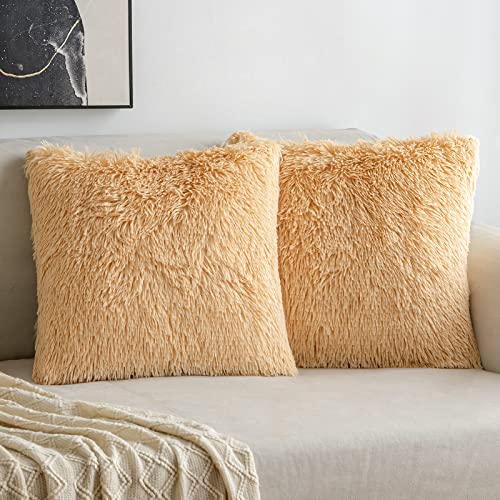 MIULEE Pack of 2 Luxury Faux Fur Throw Pillow Cover Deluxe Decorative Plush Pillow Case Cushion Cover Shell for Sofa Bedroom Car 18 x 18 Inch Champagne