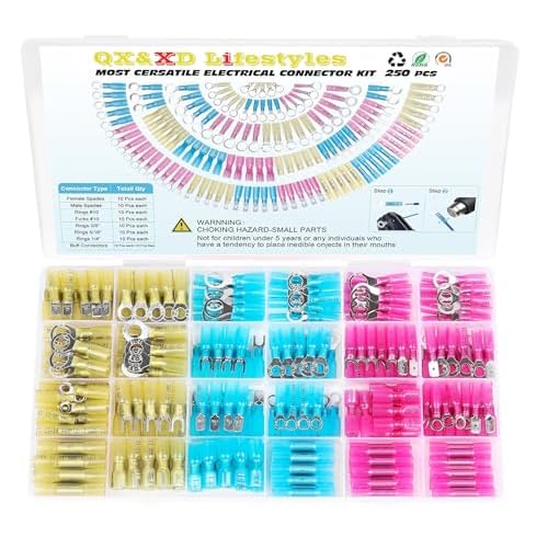 QX&XD 250PCS Heat Shrink Wire Connectors Kit, Waterproof Marine Grade Crimp Connectors, Tinned Copper Electrical Terminals, Butt Ring Fork Spade Hook,