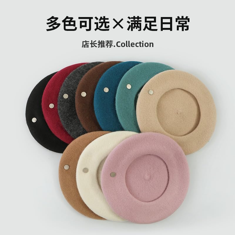 Woolen Beret, Vintage Women's Autumn and Winter, high-end Fashion, Versatile Painter's hat (Pink)