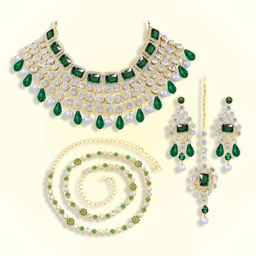 Image of Peora Crystal Choker Necklace with Maang Tikka Earrings Indian Traditional Bridal Wedding Jewellery Set for Women