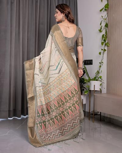 Image of ALMAARI FASHION Handloom Cotton Linen Saree for Women with Floral Printed Design and Tassel Pallu, Traditional Ethnic Lightweight Saree for Daily Office Festive with Blouse Piece