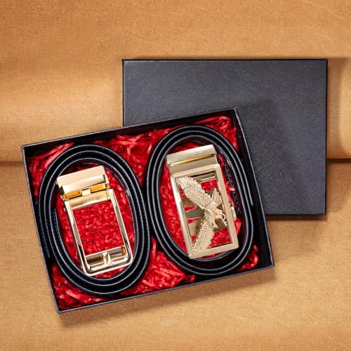 Image of Barry.Wang Mens 2 Pack Ratchet Belts Leather Adjustable 1 3 /8 inch Gift Box | Smooth Sliding,Trim to Fit,Click Belt Set for Dress Casual,Fashion Classic,Business,Birthday,Anniversary,Halloween,Christmas