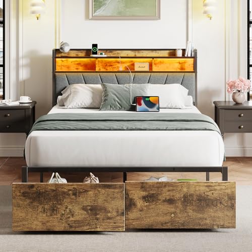 Welzona Full Bed Frames with Headboard, LED Lights Bed Frames with Charging Station & 2 Drawers, Sturdy and Noise-Free, Storage Space Under Bed, No Box Spring Needed, Brown