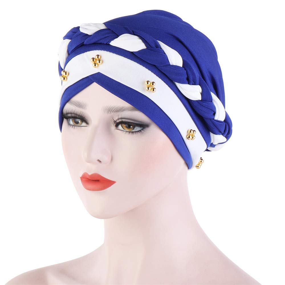 Women Turban Two-Tone Pearl Twisted Beaded Double Braid Chemical Chemo Cancer Head Wrap Cap