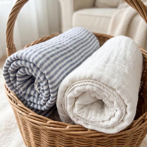 Image of Blue Striped Muslin Baby Blanket, Ultra Soft Cotton Swaddle 43x43 in | Jacquard Breathable For Babies and Toddlers Boys Newborn White