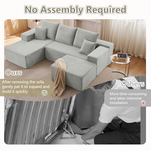 Image of Lakifun 107 inch L-Shape Sofa with Ottoman, Modern Modular Sectional Comfy U-Shape Cloud Couch, Deep Seat, Upholstered Corduroy Sleeper Chaise Longue for Living Room Bedroom, No Assembly Required, Grey