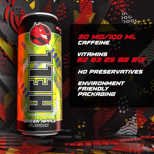 HELL Energy Drink Green Apple Flavour | 12 x 500ml Cans Multipack | 32mg/100ml Caffeine | Contains Vitamins B2 B3 B5 B6 B12 | Preservative Free | Vegan | Reduce Fatigue