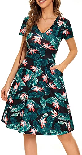 Vestidos Casuales Mujeres Cuello En V Cintura Alta Casual Slim Fit Mangas Cortas Estampado Gráfico Mujeres Elegantes Vestidos Verano Citas Ropa Diaria Mujeres Vestidos Plisados C-Green L