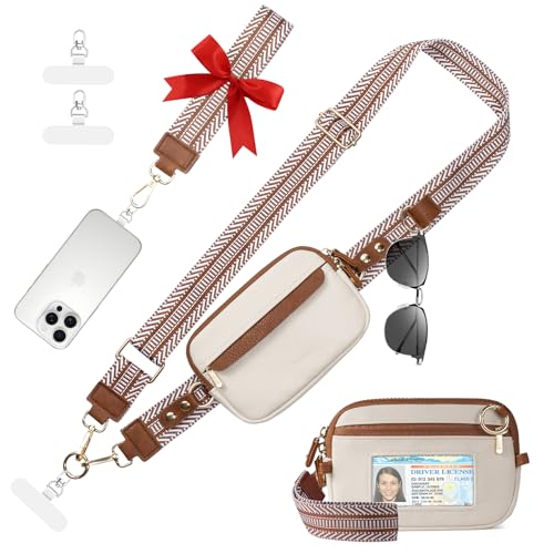 Tiostep Clip and Go Strap for Phone with Wallet Crossbody Phone Lanyard Adjustable and Anti-Theft Leather Purse with RFID Zipper Pouch for Travel Daily Life. Medium White-Brown