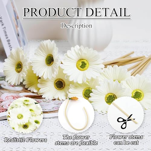 Image of CURATED CART Gerbera Daisy Flowers - Pack of 5 White Faux Blooms, 30cm Tall | Real Touch PU Petals with Bendable Green Stems | Artificial Flower Bouquet for Home, Kitchen, Office (White) (No Vase)