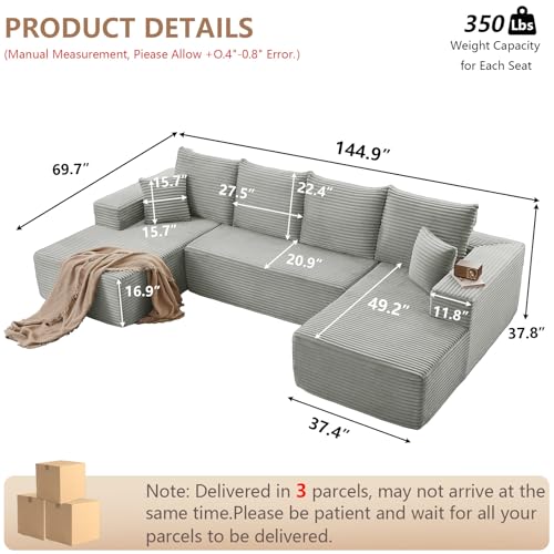 Image of Oversized Modular Sectional Sofa Couch, Large 4 Seater Corner Sofa Modern U Shaped Sectional Couch Cloud Couches for Living Room, Office, Spacious Space, Corduroy,No Assembly Required, Light Grey