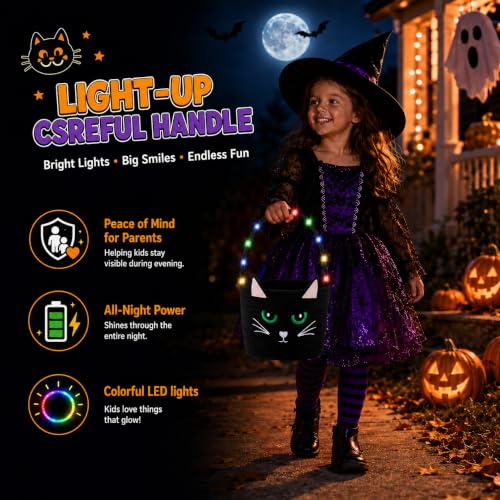 OIAHOMY Halloween Pumpkin Basket with LED Lights - Light Up Trick or Treat Bags for Toddlers & Kids, Soft Woven Cotton Rope Candy Bucket, Cute Reusable Boo Gift Basket for Holiday Party Decor Black - image 7
